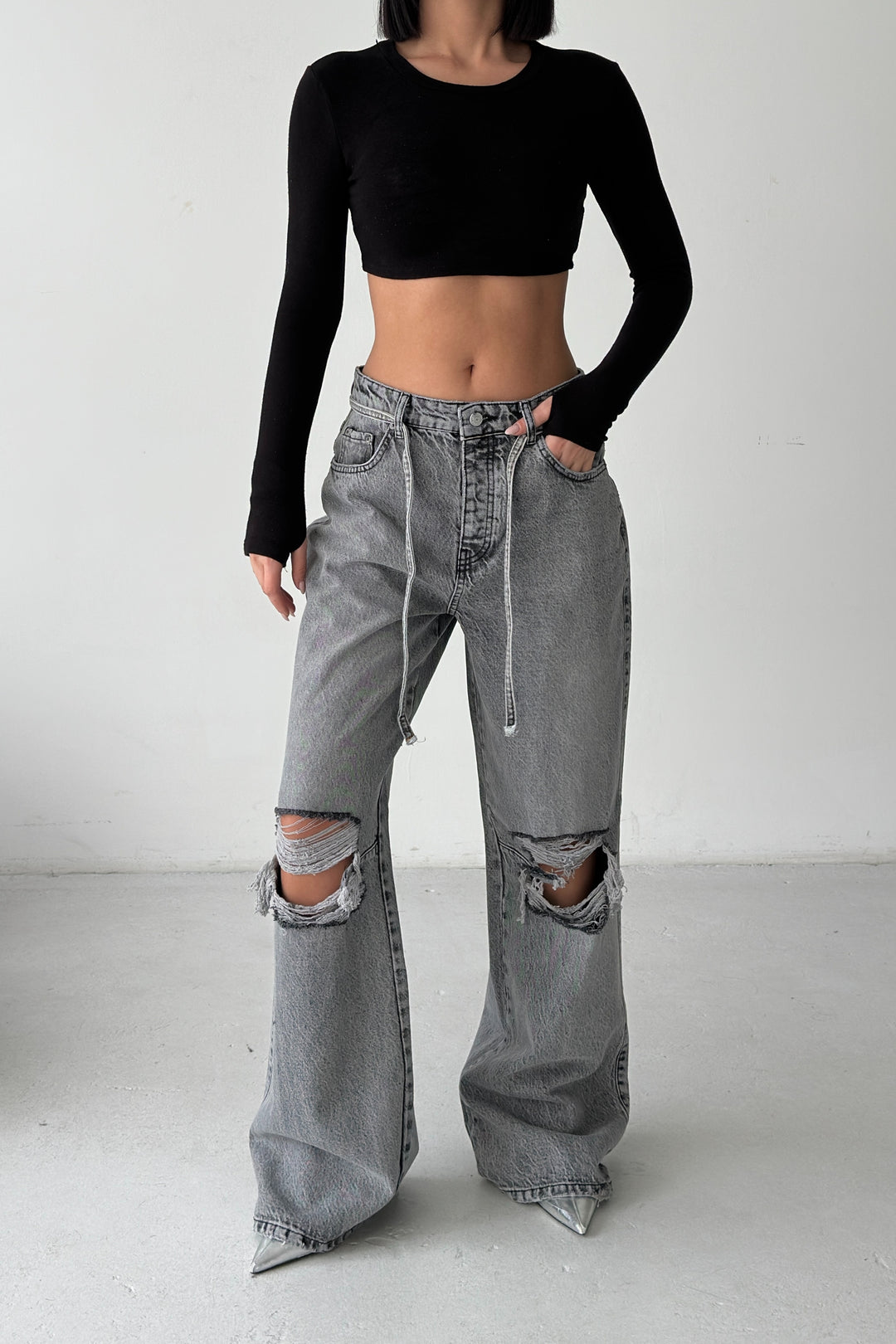 Routines Ripped Drawstring Jeans - Grey 1203-6 - ROUTINES