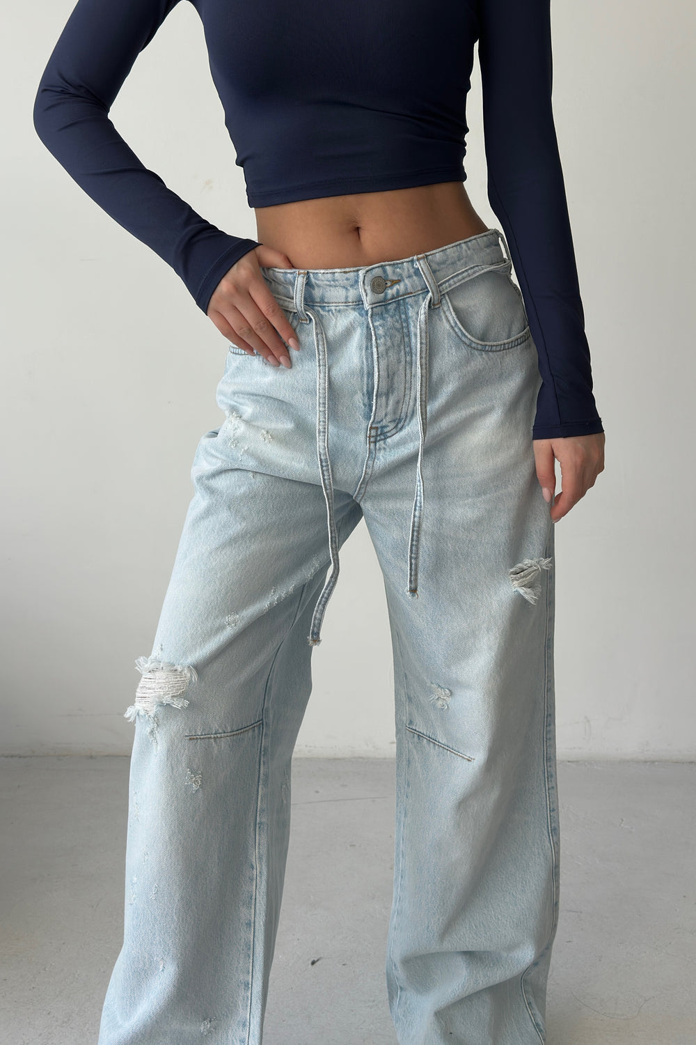 Routines Ripped Drawstring Jeans - Light Blue 1203-9 Jeans Routines Fashion