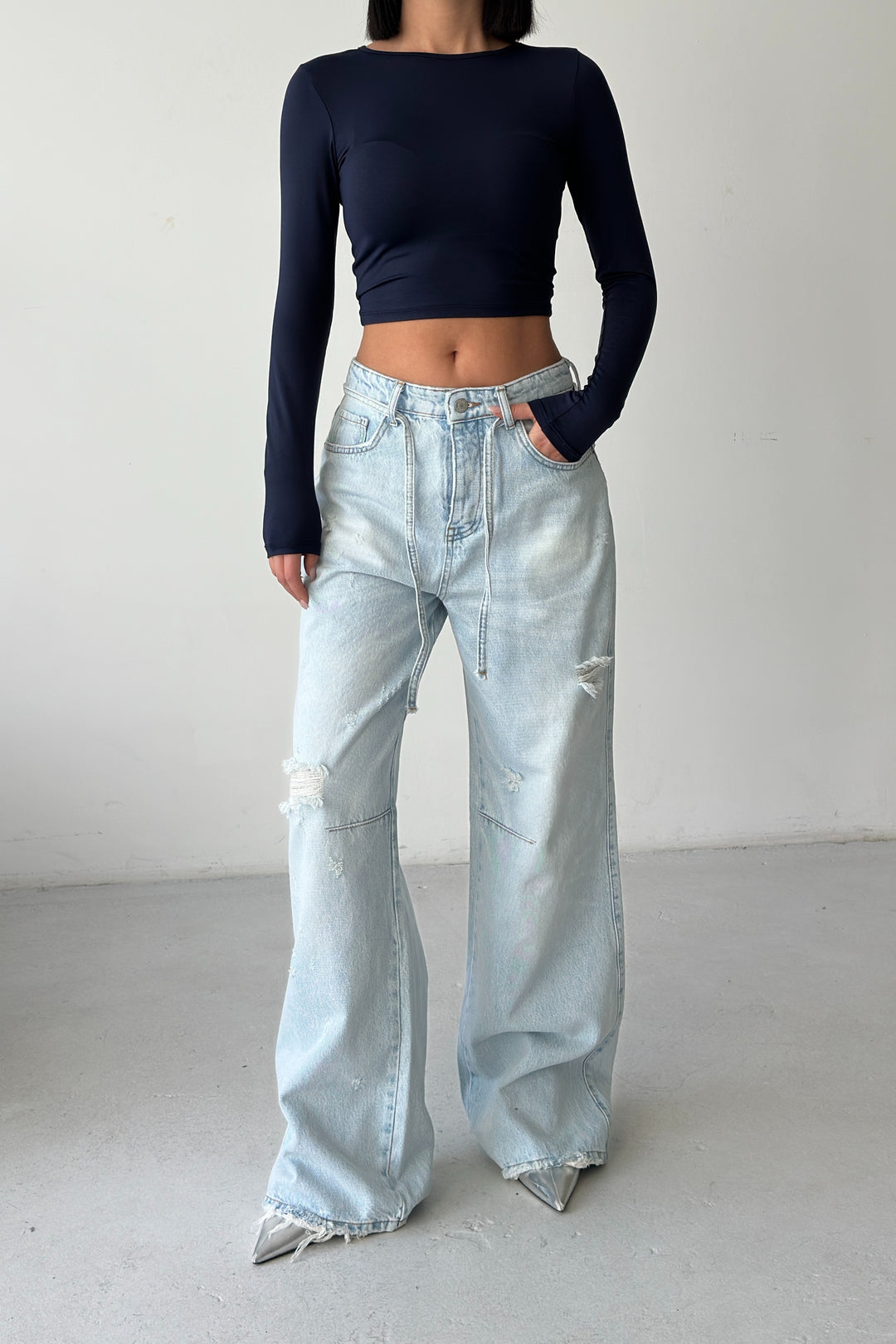 Routines Ripped Drawstring Jeans - Light Blue 1203-9 Jeans Routines Fashion