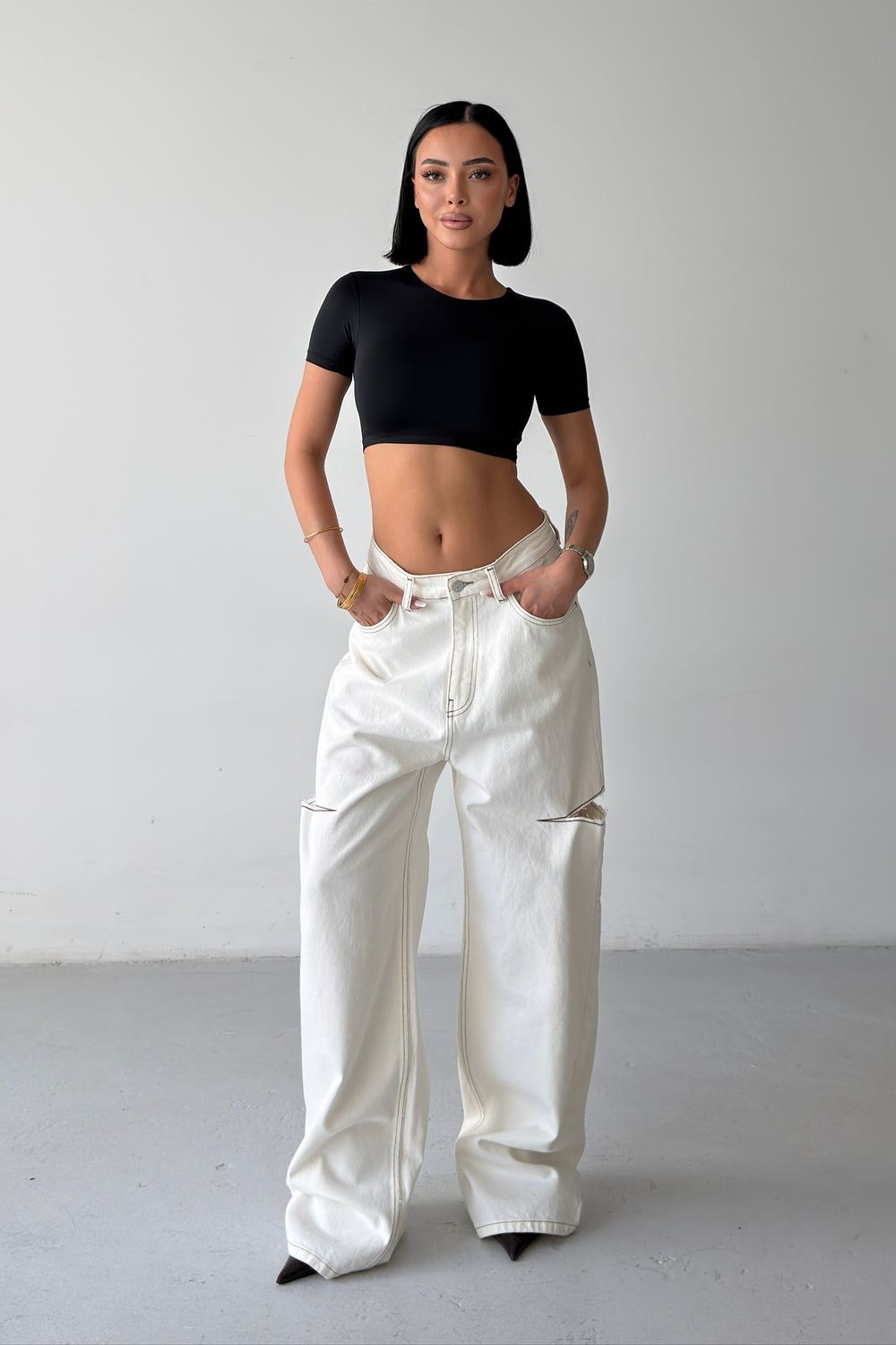 Routines Side-cut Baggy Jeans - Cream 1324-25