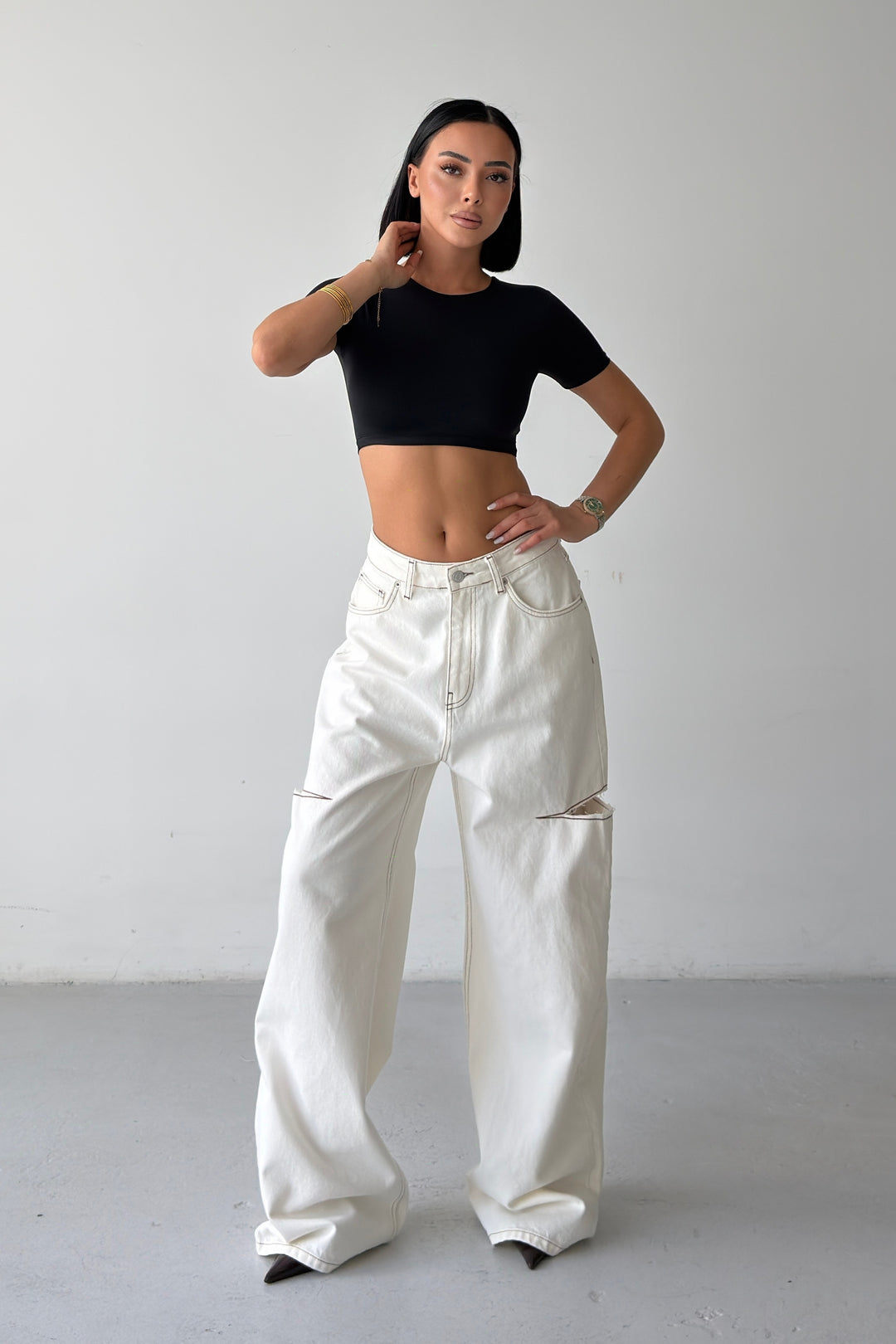 Routines Side-cut Baggy Jeans - Cream 1324-25
