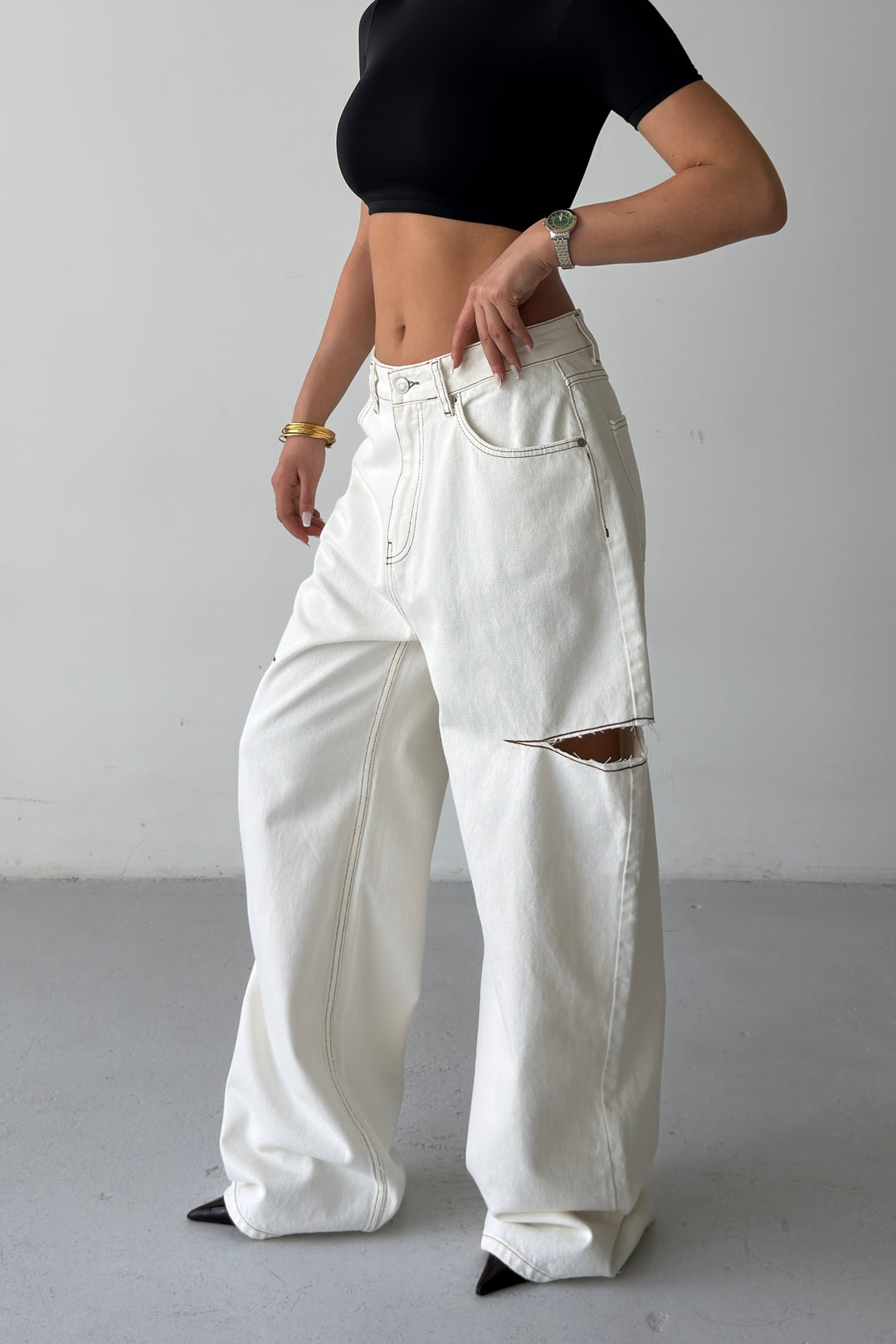 Routines Side-cut Baggy Jeans - Cream 1324-25