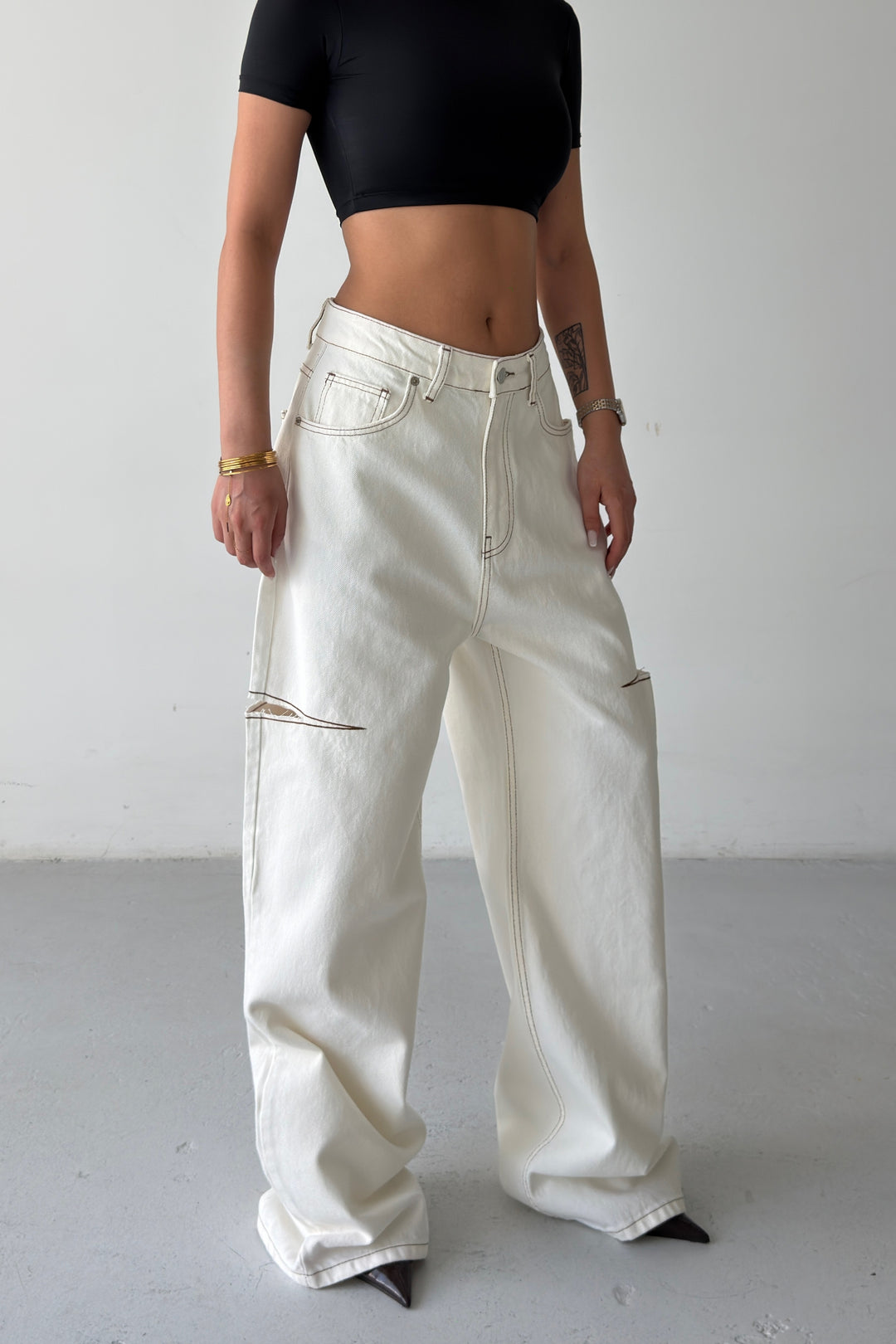 Routines Side-cut Baggy Jeans - Cream 1324-25