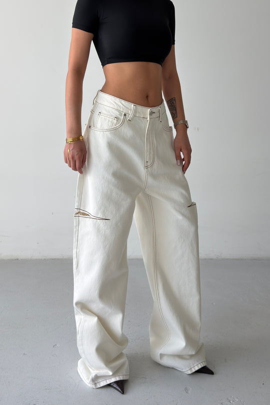 Routines Side-cut Baggy Jeans - Cream 1324-25