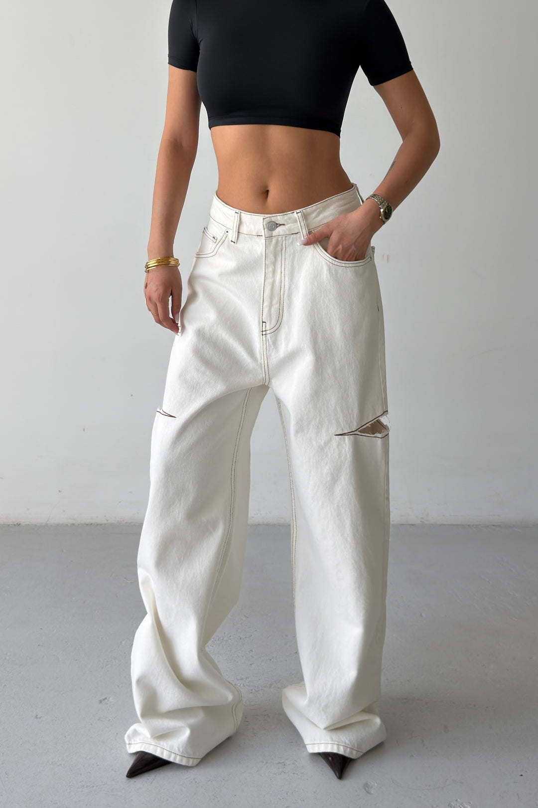 Routines Side-cut Baggy Jeans - Cream 1324-25