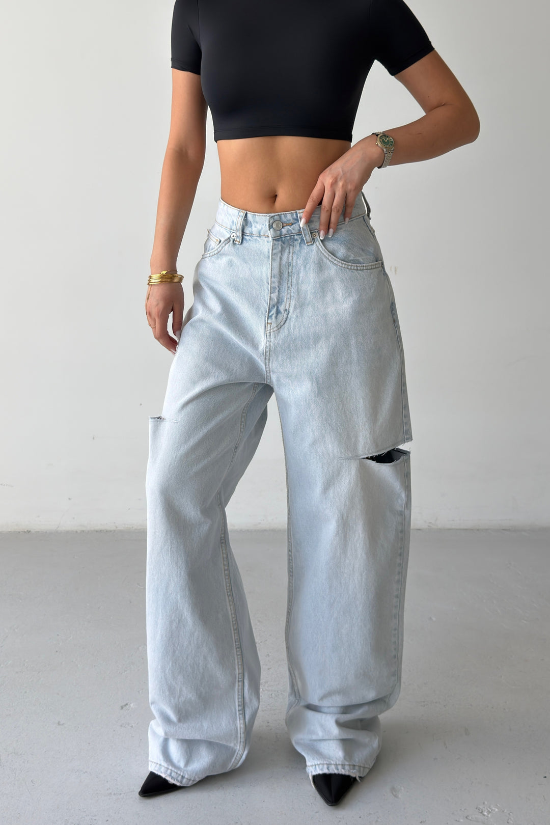 Routines Washed Side-cut Baggy Jeans - Light Blue 1324-24