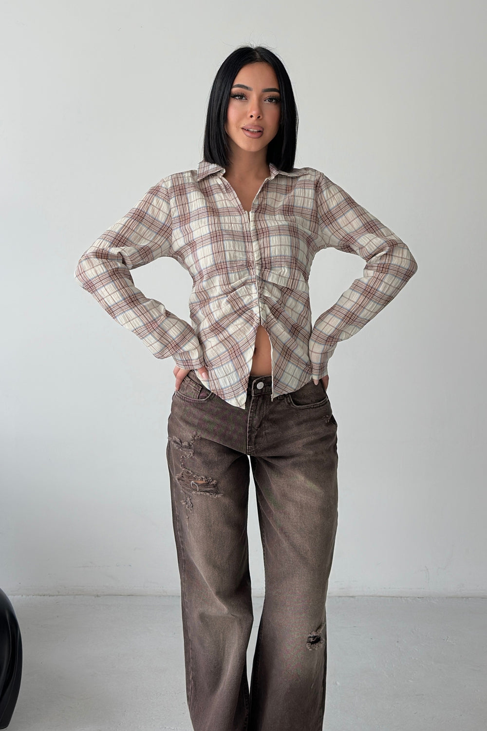 Routines Snatched Check Blouse - Beige 0817 Blouse Routines Fashion