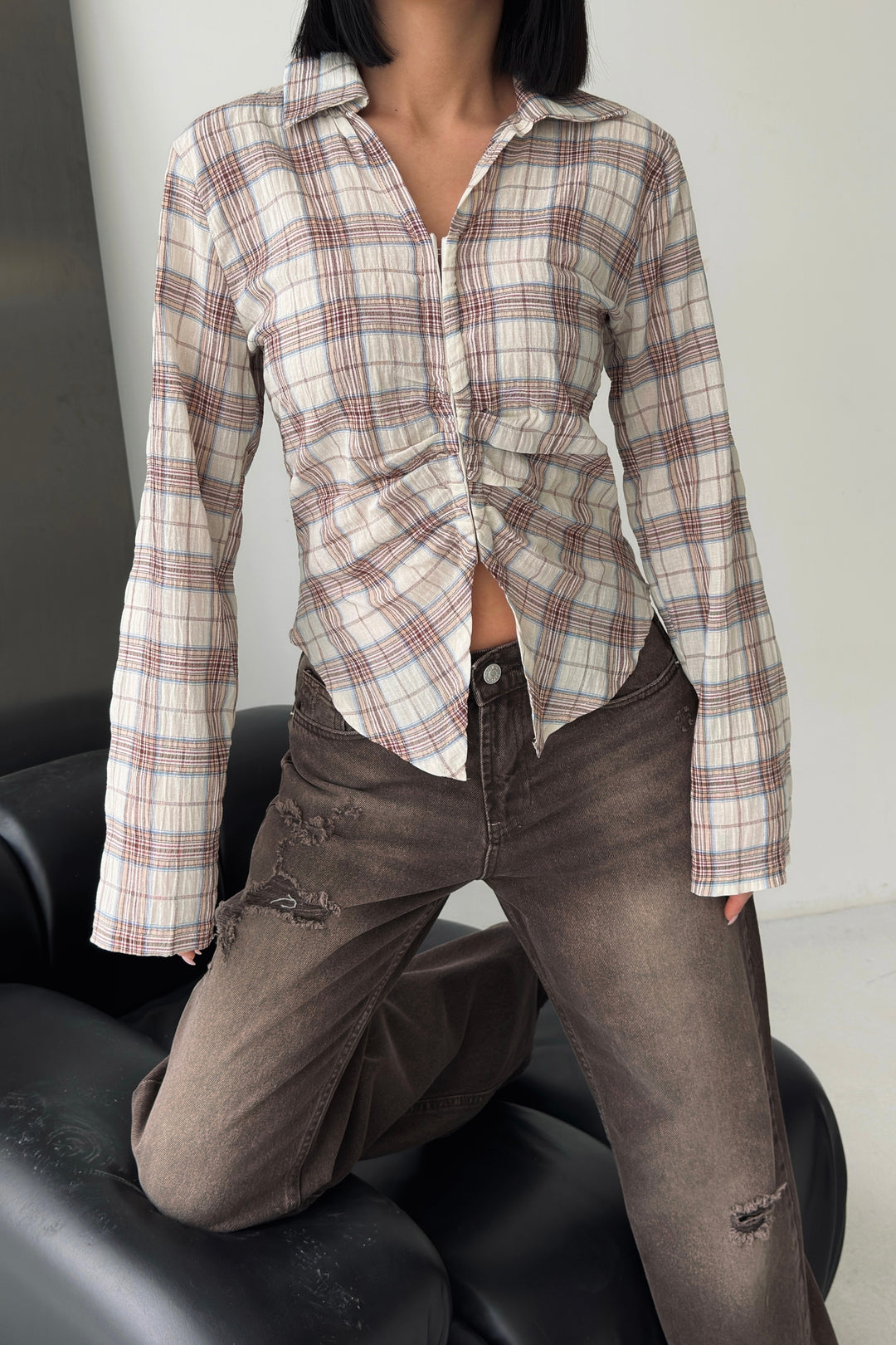 Routines Snatched Check Blouse - Beige 0817 Blouse Routines Fashion