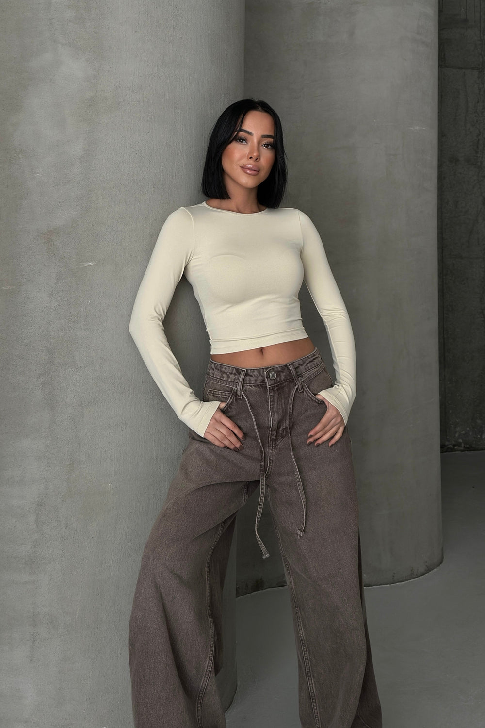 Routines Stretch Longsleeve Crop Top - Beige 391 - ROUTINES