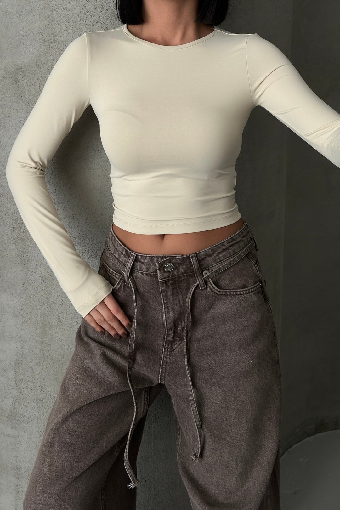 Routines Stretch Longsleeve Crop Top - Beige 391 - ROUTINES