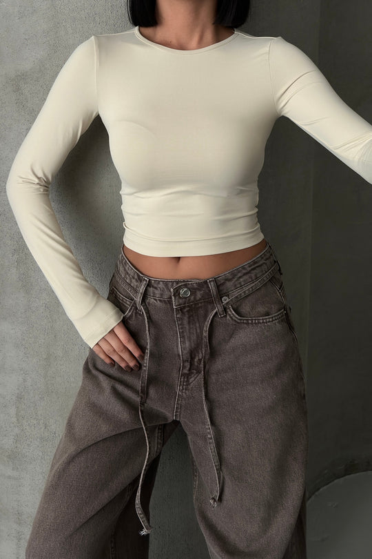 Routines Stretch Longsleeve Crop Top - Beige 391 - ROUTINES