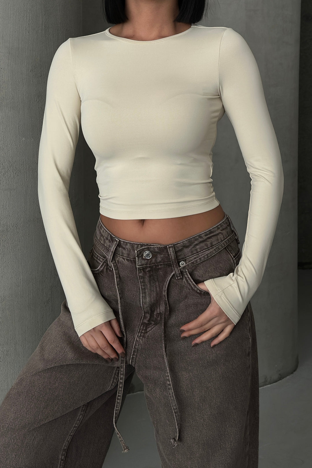 Routines Stretch Longsleeve Crop Top - Beige 391 - ROUTINES