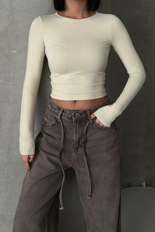 Routines Stretch Longsleeve Crop Top - Beige 391 - ROUTINES