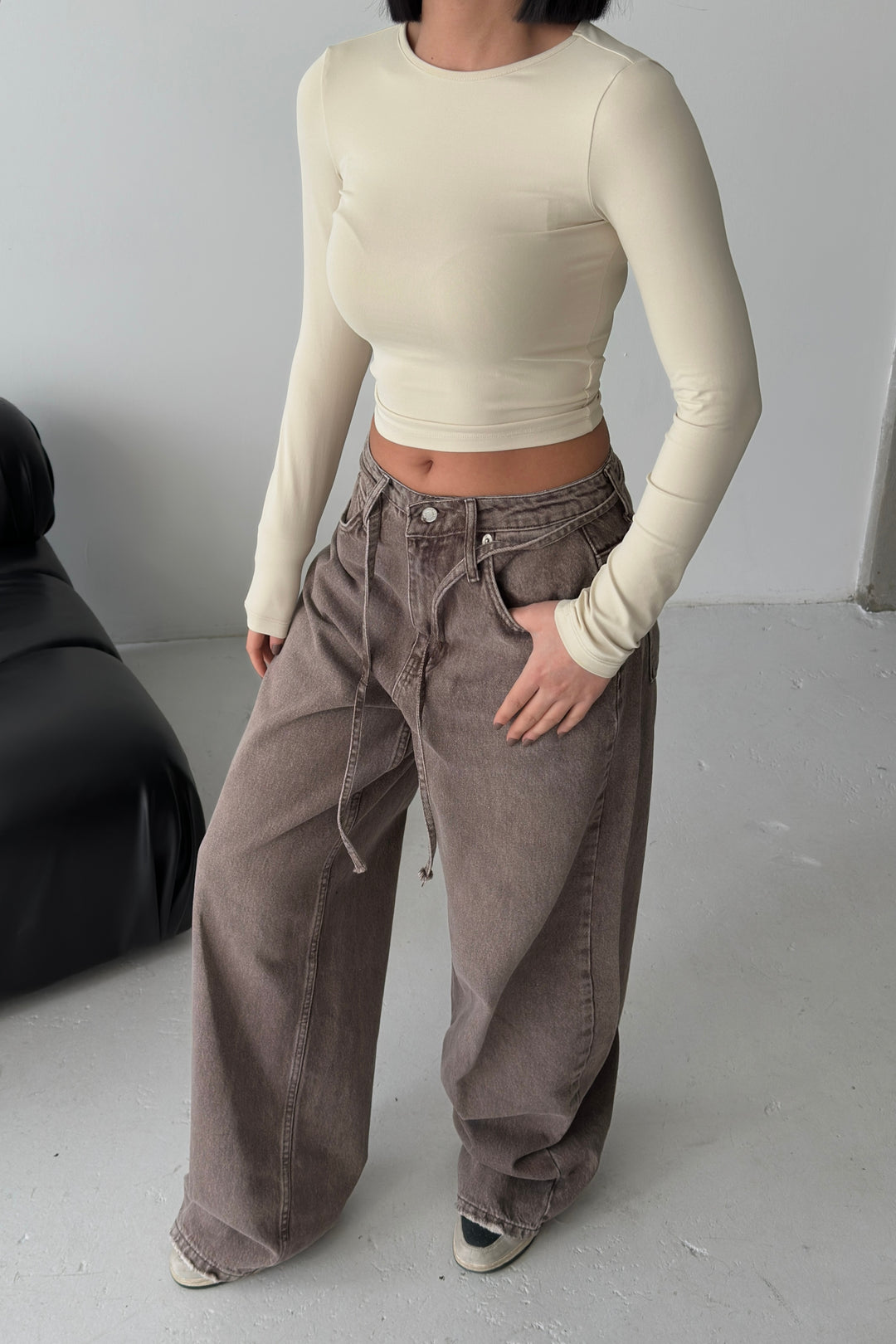 Routines Stretch Longsleeve Crop Top - Beige 391 - ROUTINES