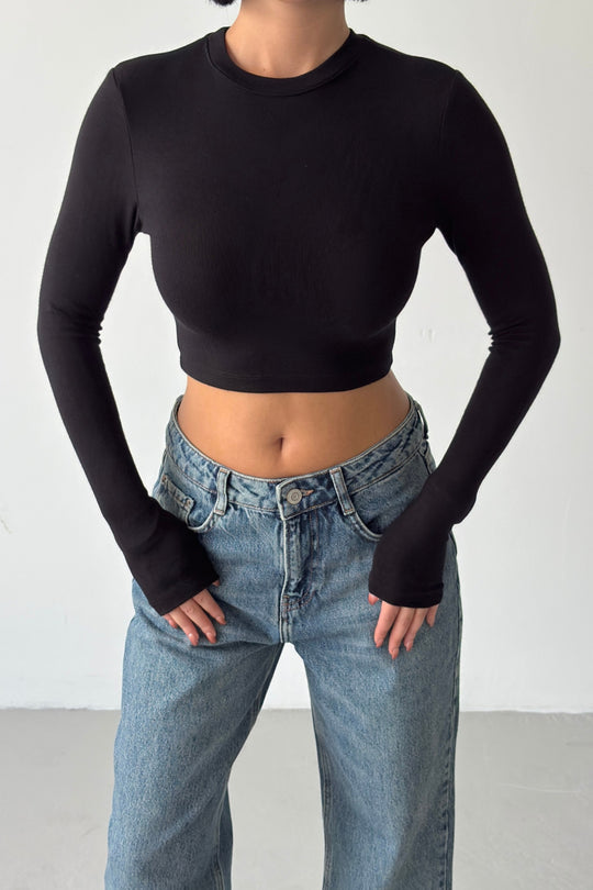 Routines Stretch Longsleeve Crop Top - Black 4006 - ROUTINES