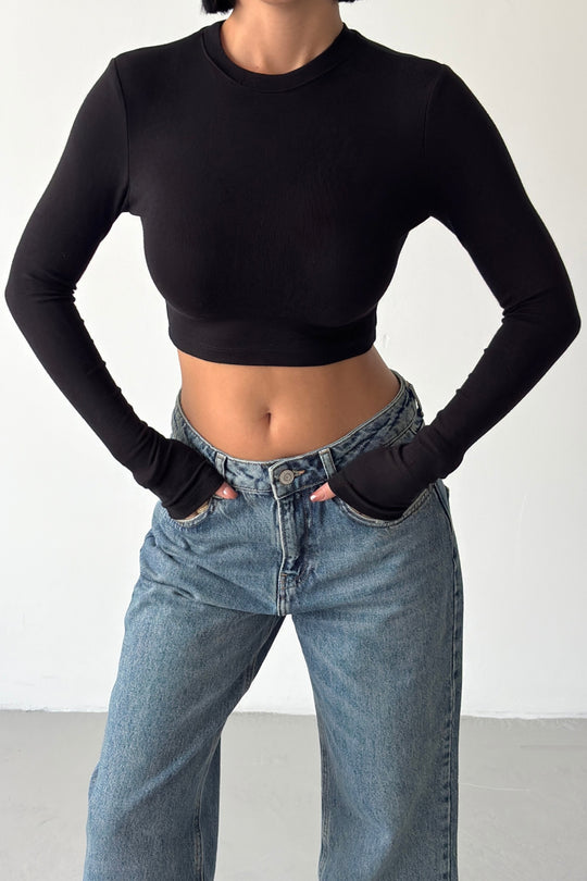 Routines Stretch Longsleeve Crop Top - Black 4006 - ROUTINES