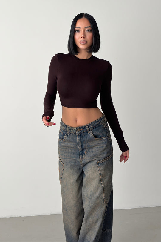 Routines Stretch Longsleeve Crop Top - Brown 4006