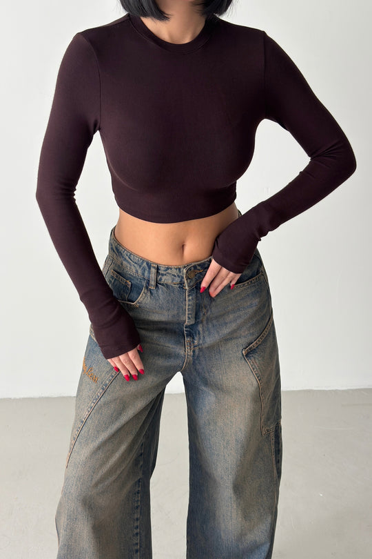 Routines Stretch Longsleeve Crop Top - Brown 4006
