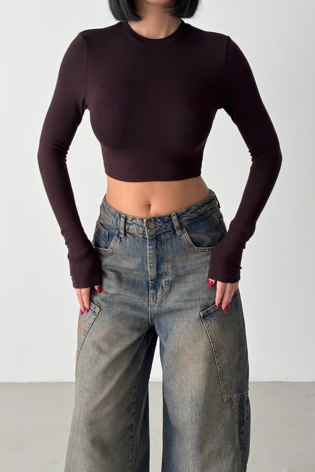 Routines Stretch Longsleeve Crop Top - Brown 4006