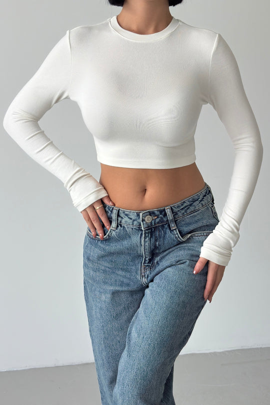 Routines Stretch Longsleeve Crop Top - Cream 4006 - ROUTINES