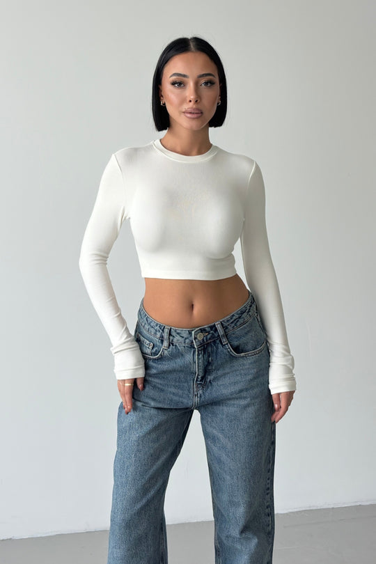 Routines Stretch Longsleeve Crop Top - Cream 4006 - ROUTINES