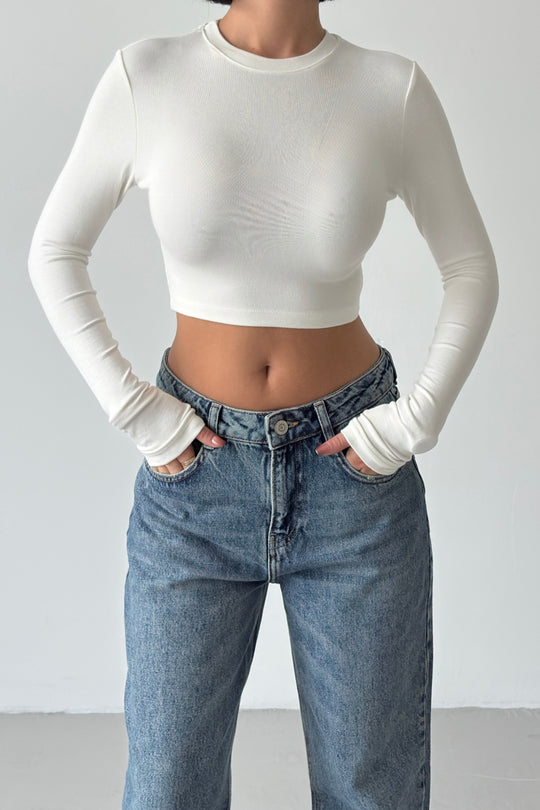 Routines Stretch Longsleeve Crop Top - Cream 4006 - ROUTINES