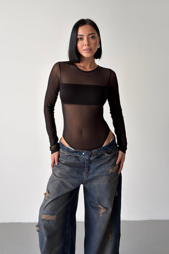Routines Stretch Mesh Longsleeve Bodysuit - Black 5395 - ROUTINES