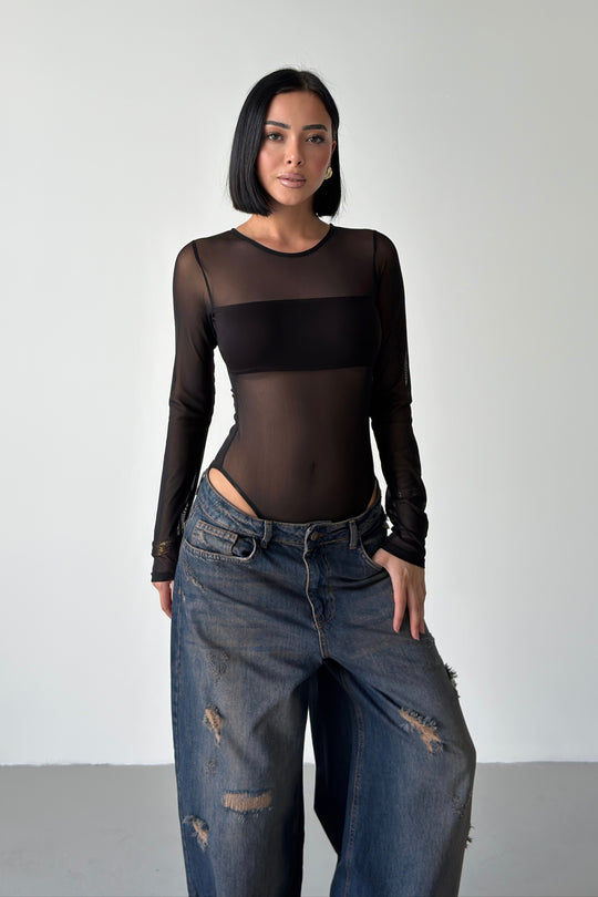 Routines Stretch Mesh Longsleeve Bodysuit - Black 5395 - ROUTINES