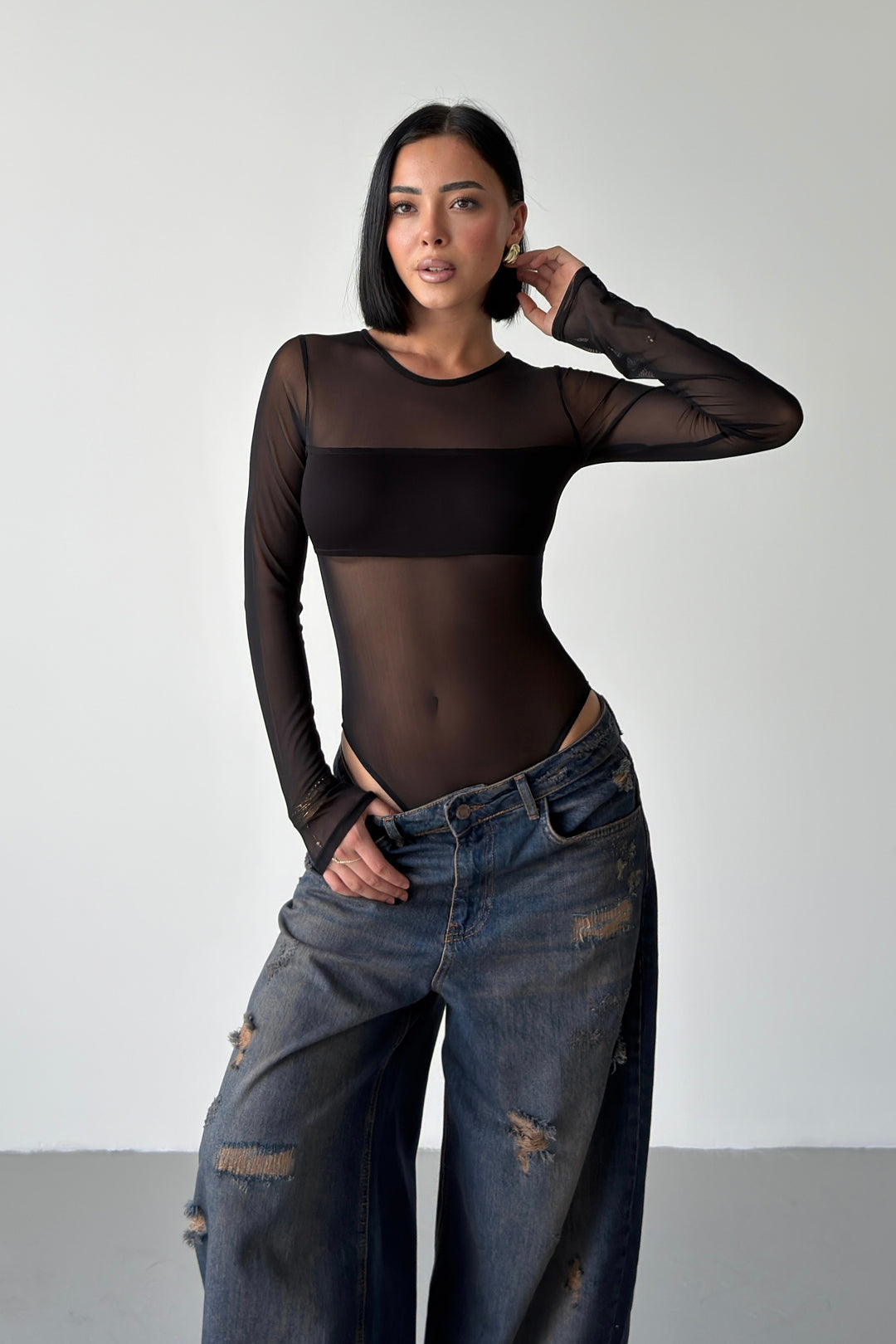 Routines Stretch Mesh Longsleeve Bodysuit - Black 5395 - ROUTINES
