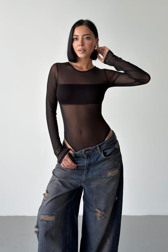 Routines Stretch Mesh Longsleeve Bodysuit - Black 5395 - ROUTINES