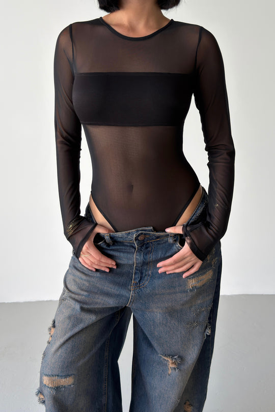Routines Stretch Mesh Longsleeve Bodysuit - Black 5395 - ROUTINES