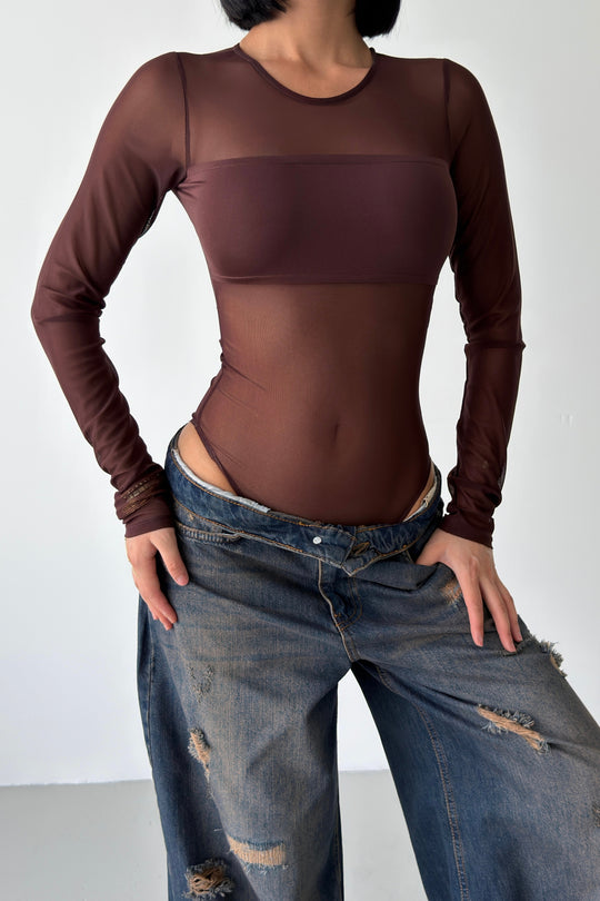 Routines Stretch Mesh Longsleeve Bodysuit - Brown 5395 - ROUTINES