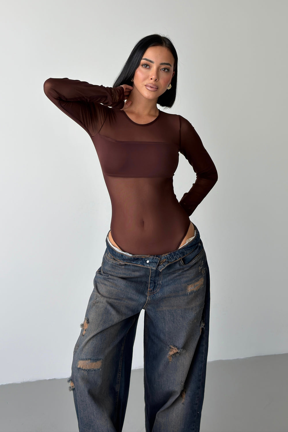 Routines Stretch Mesh Longsleeve Bodysuit - Brown 5395 - ROUTINES