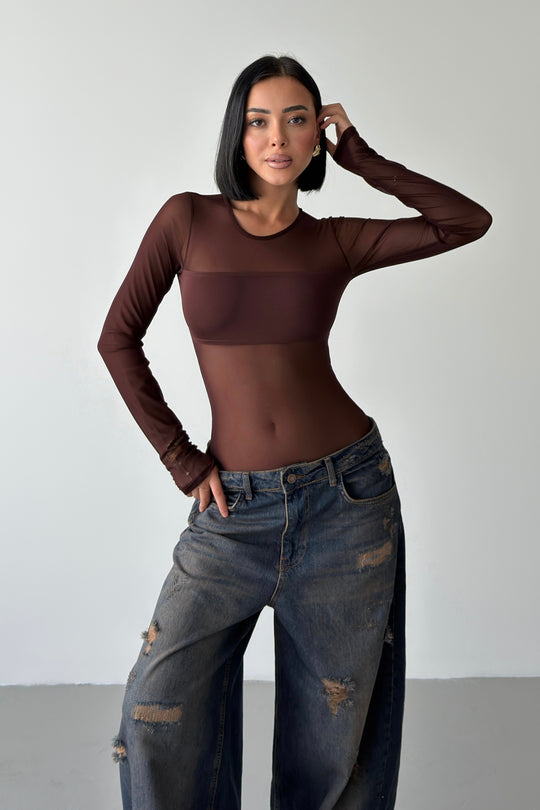 Routines Stretch Mesh Longsleeve Bodysuit - Brown 5395 - ROUTINES
