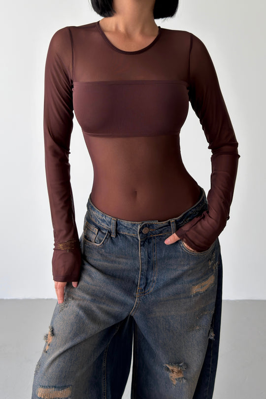 Routines Stretch Mesh Longsleeve Bodysuit - Brown 5395 - ROUTINES
