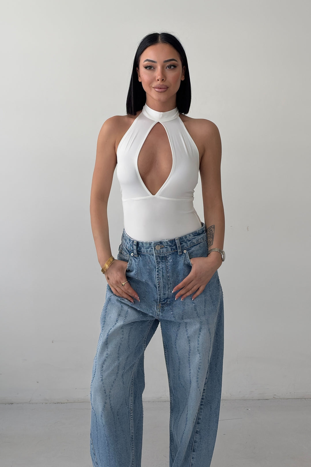 Routines Stretch Open Detail Bodysuit - White 7363 - ROUTINES