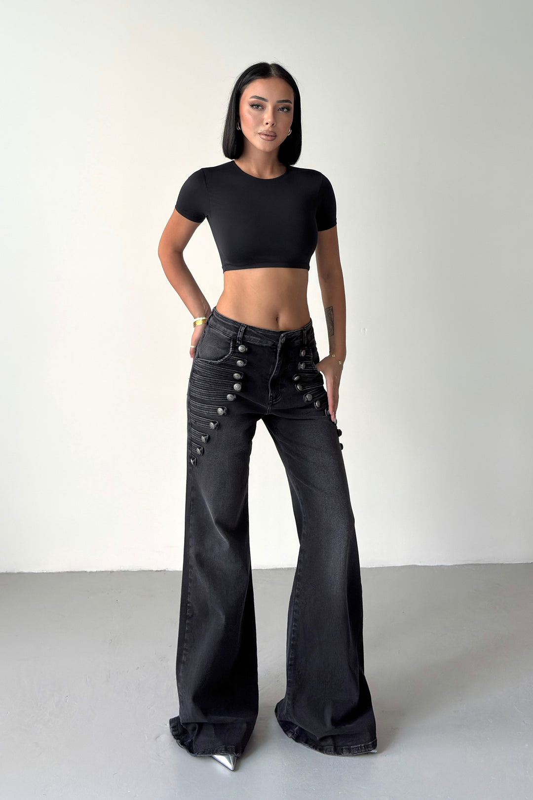 Routines Stretch Waist Buttons Flared Jeans - Black 2032