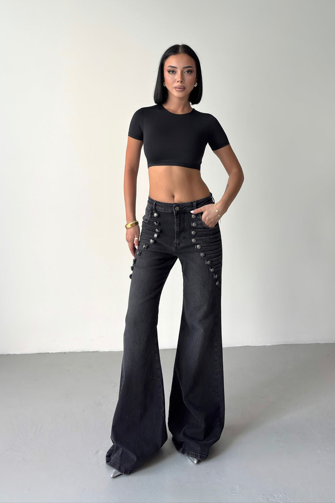 Routines Stretch Waist Buttons Flared Jeans - Black 2032