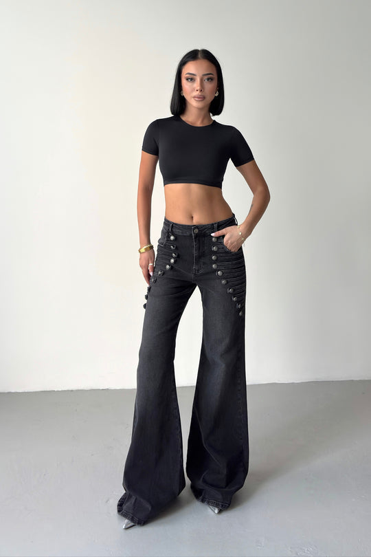 Routines Stretch Waist Buttons Flared Jeans - Black 2032