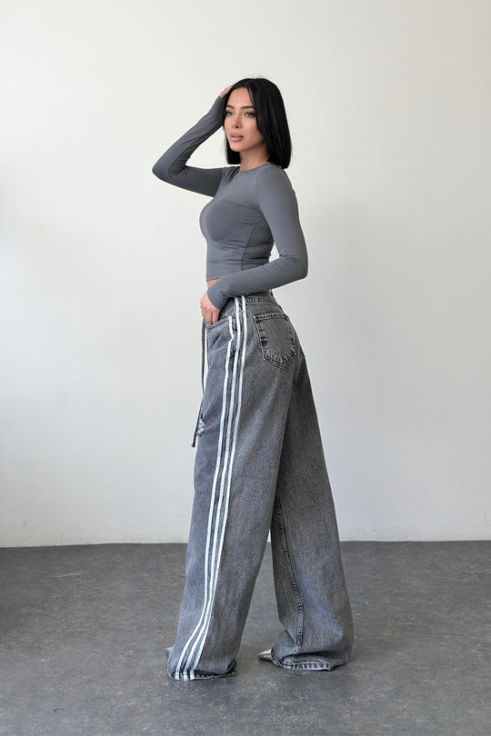 Routines Striped Ripped Straight Jeans - Grey 1356-3 - ROUTINES