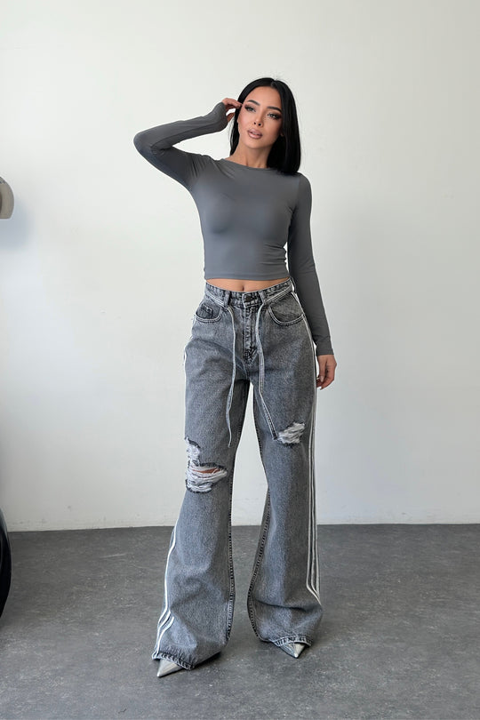 Routines Striped Ripped Straight Jeans - Grey 1356-3 - ROUTINES