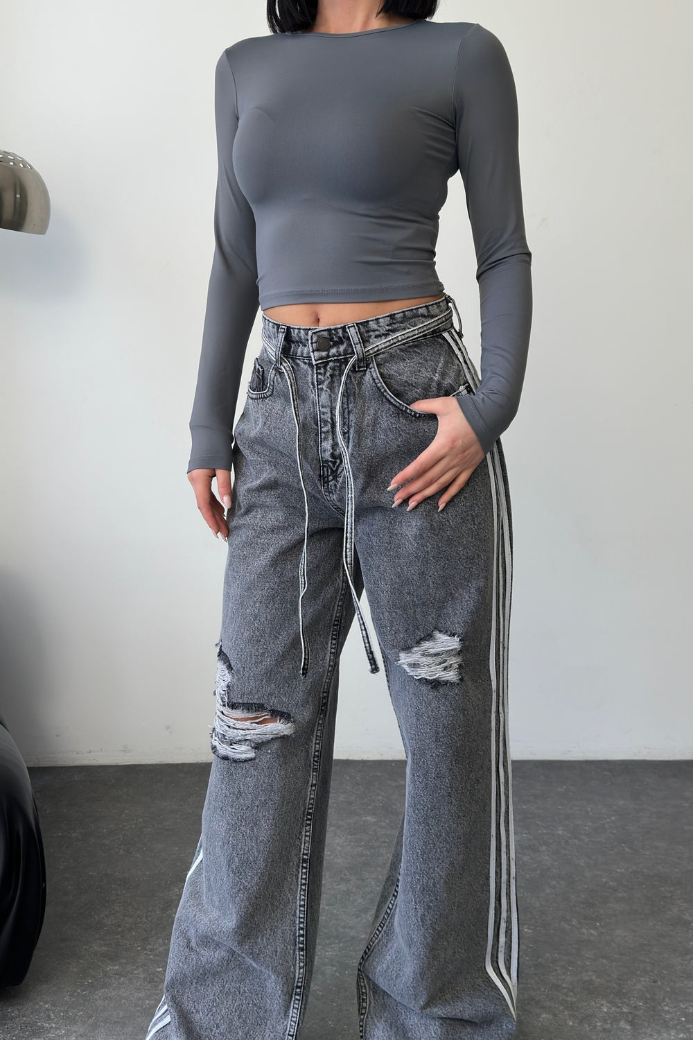 Routines Striped Ripped Straight Jeans - Grey 1356-3 Jeans Routines Fashion