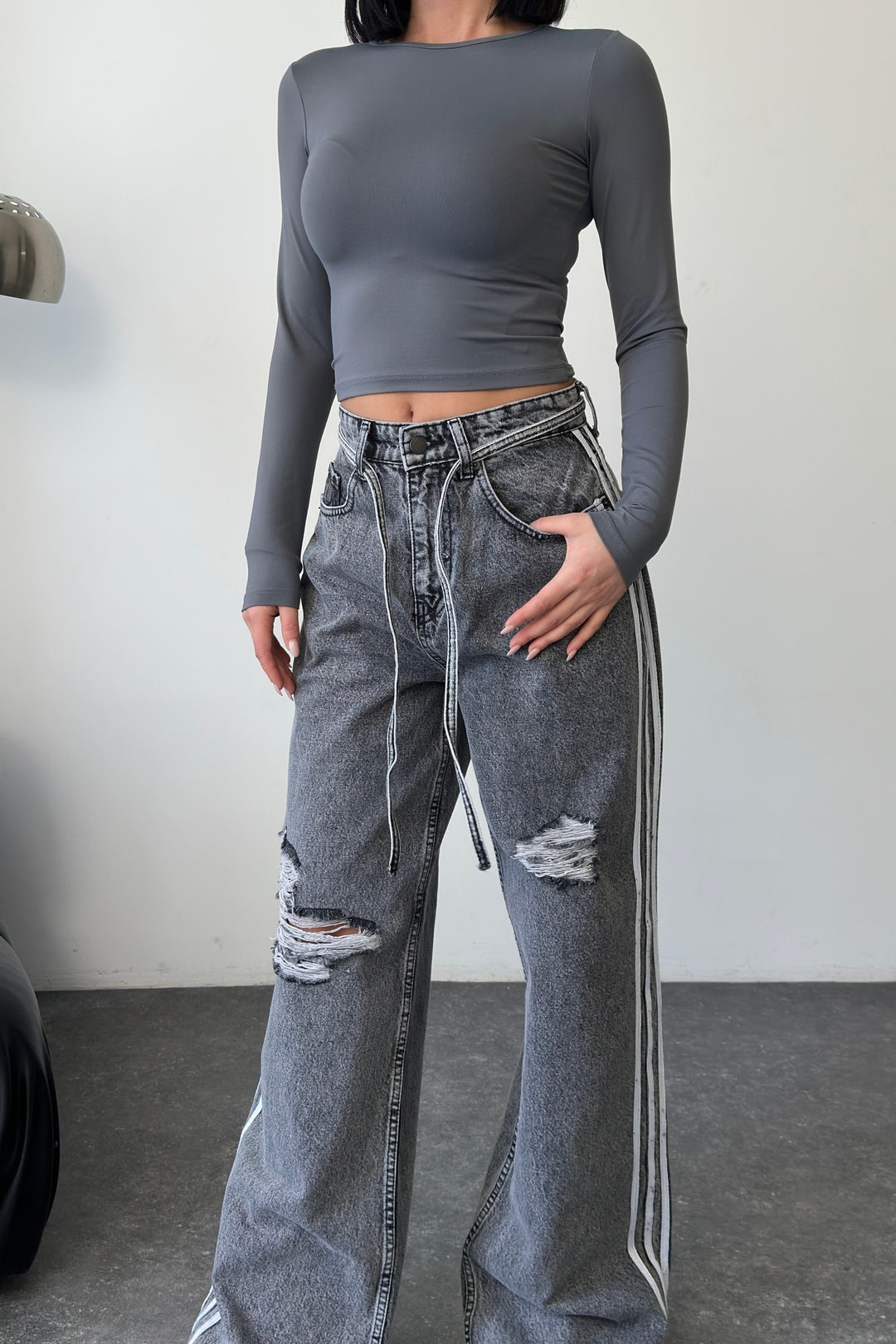Routines Striped Ripped Straight Jeans - Grey 1356-3 - ROUTINES