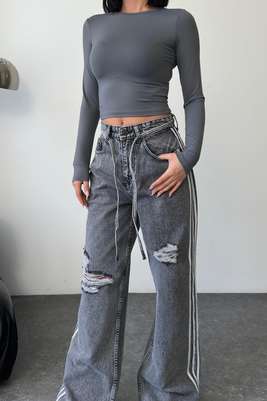 Routines Striped Ripped Straight Jeans - Grey 1356-3 - ROUTINES