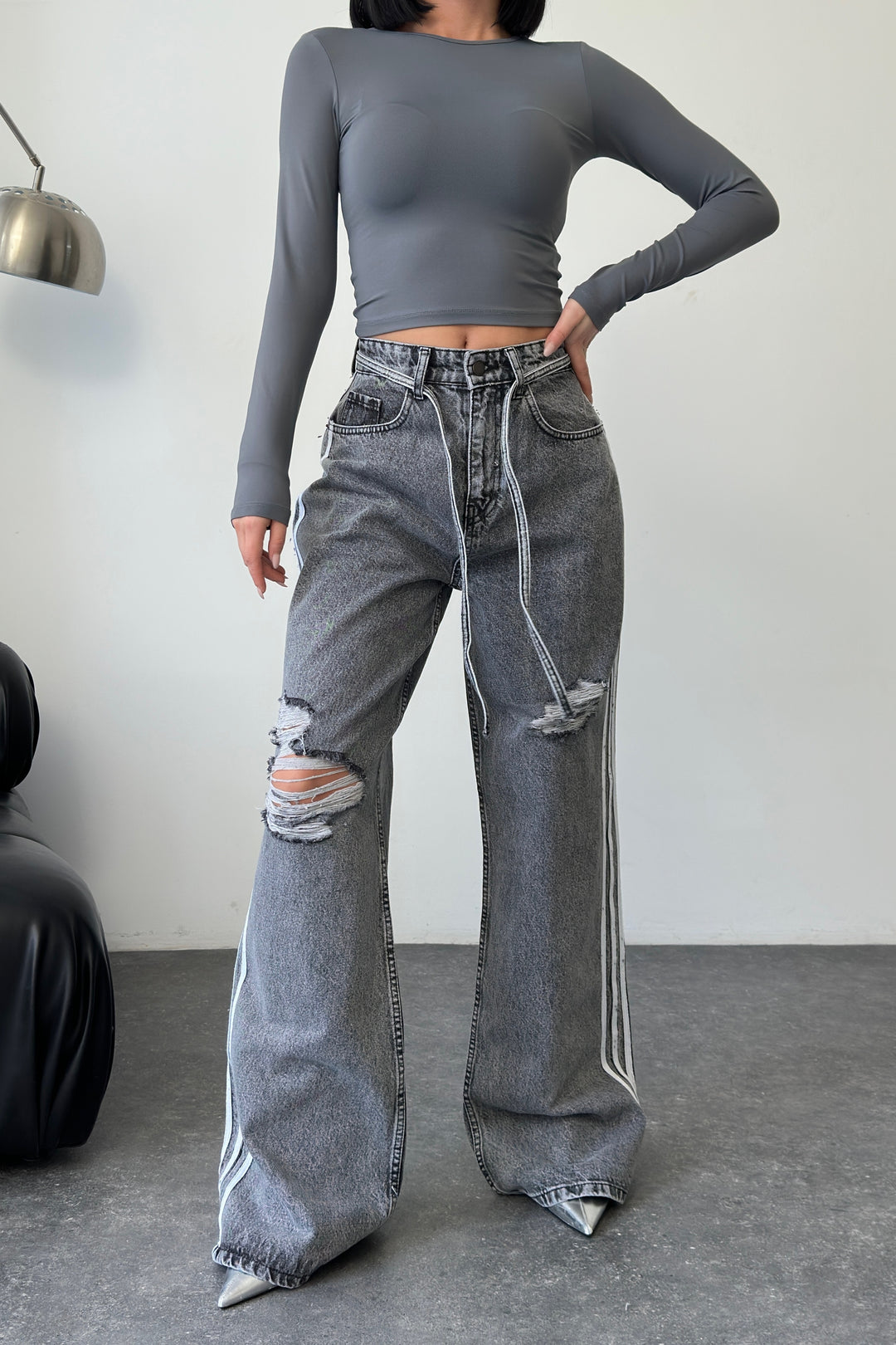 Routines Striped Ripped Straight Jeans - Grey 1356-3 - ROUTINES
