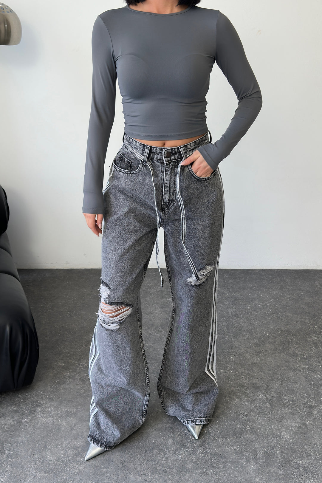 Routines Striped Ripped Straight Jeans - Grey 1356-3 - ROUTINES