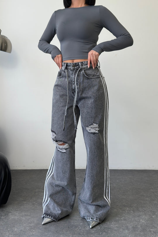 Routines Striped Ripped Straight Jeans - Grey 1356-3 - ROUTINES