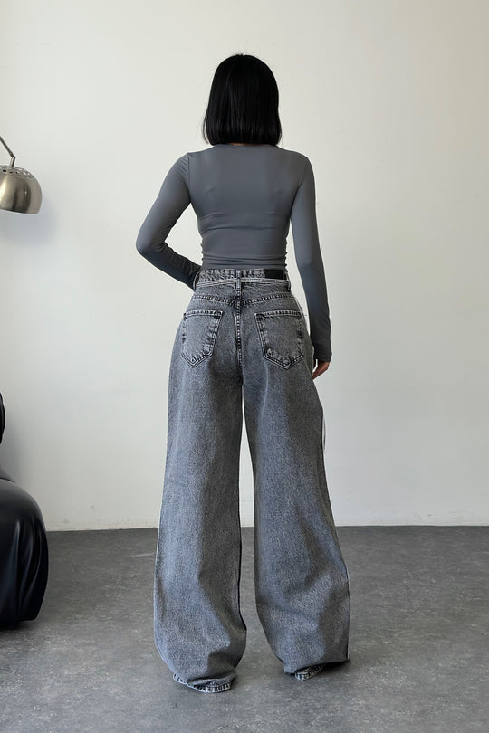 Routines Striped Ripped Straight Jeans - Grey 1356-3 - ROUTINES