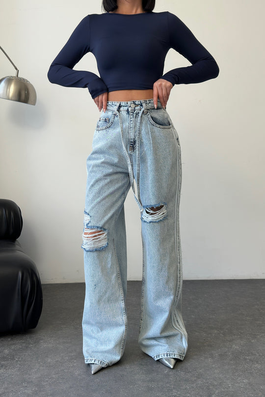 Routines Striped Ripped Straight Jeans - Light Blue 1356-2