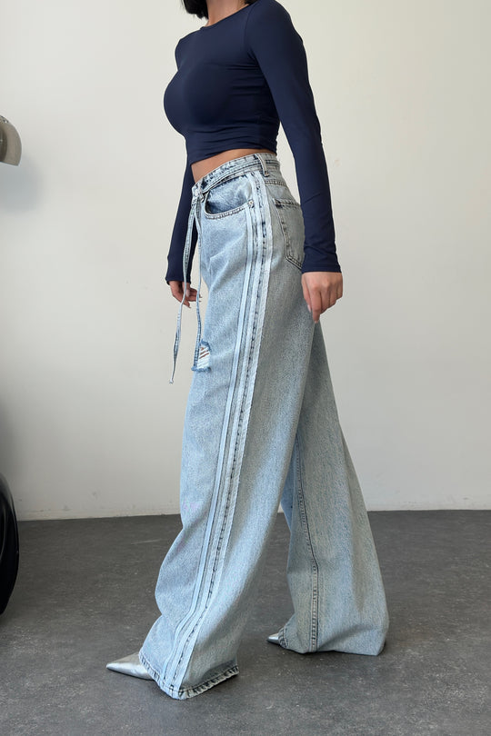 Routines Striped Ripped Straight Jeans - Light Blue 1356-2